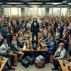 A programmers stands on a table in the large room filled with hundreds of corporate employees