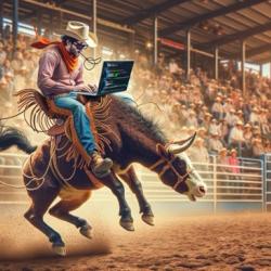 A cowboy types on a laptop while riding a bucking bronco in a rodeo