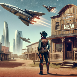 image of a cowboy coming out of an old-timey saloon, looking up at spaceships and jet airplanes passing by tall futuristic buildings