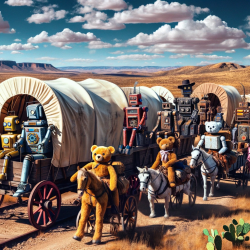   A group of unique robots and teddy bears traveling across the country in a wagon train, set in Old West America